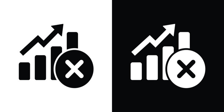 Statistical bar chart with an upward arrow and a "cancel" or "X" mark. Represents failed growth, rejected data, negative performance results, or business target errors.