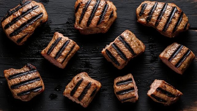 Grilled Steak Delight: An overhead perspective of perfectly grilled steak pieces with sear marks arranged invitingly, ready to savor a delicious meal.