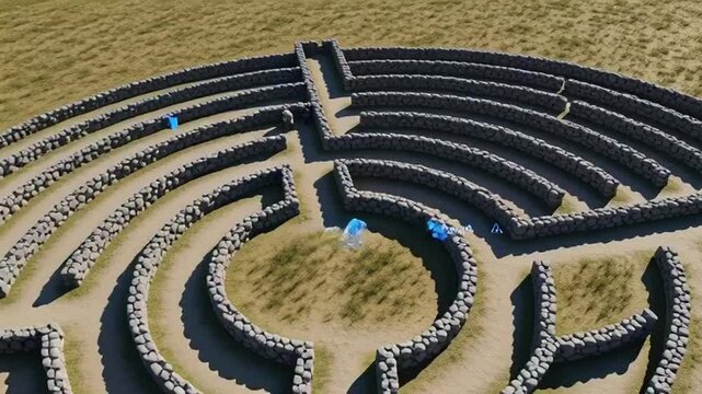 Aerial view of ancient stone labyrinth in rural landscape
