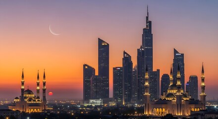 Fototapeta premium Dubai skyline at dusk with crescent moon Eid Mubarak celebration backdrop