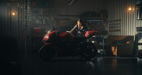 Woman Lovingly Clean Motorcycle in Modern Garage Filled With Golden Light. Female Attentively Polishes Tank and Fairings, Watching Bike Sparkle Beautifully Under Sun Rays. Concept Pride of Ownership.
