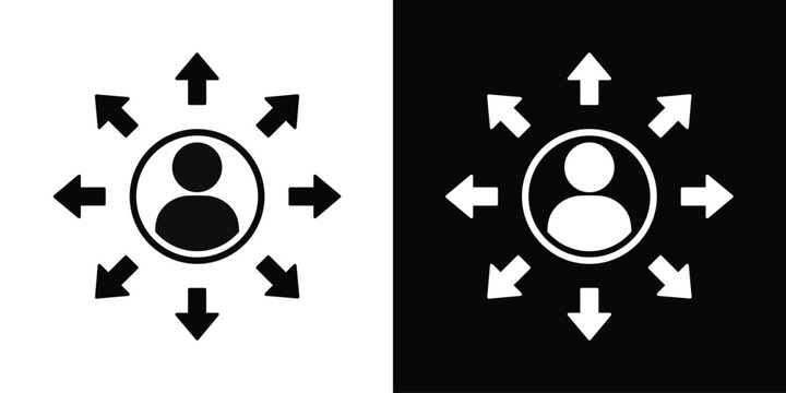 Vector icon of a person silhouette in a circle with eight arrows pointing outward. Represents user reach, social sharing, networking, personal influence, and information dissemination.