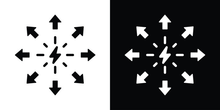 Lightning bolt flash icon with dashed lines and arrows pointing outward. Represents energy distribution, power supply, fast innovation, inspiration, and electrical transmission.