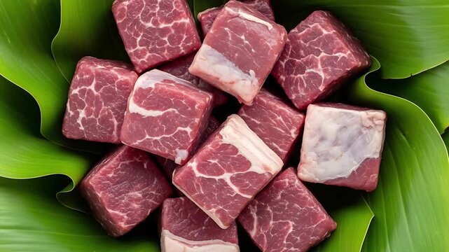 Fresh Cuts: A captivating overhead shot unveils succulent, meticulously cut pieces of raw meat nestled within a bed of fresh, vibrant green leaves.