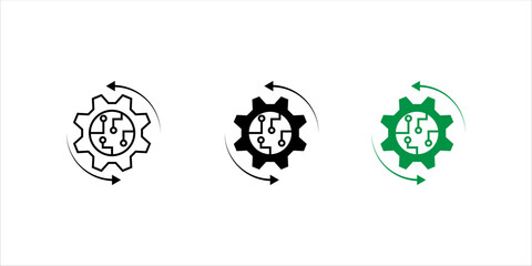 Outline icon set. showing gear with circuit elements and circular arrows representing digital automation, technology system integration, artificial intelligence process, and smart industry concept.