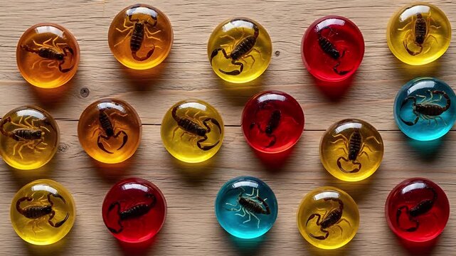 Insects in Spheres: A collection of meticulously crafted spheres, each encasing a scorpion, arranged meticulously on a wood surface, evoking intrigue and wonder. 