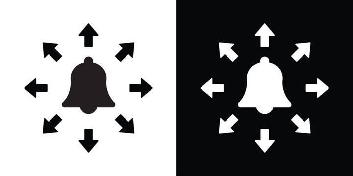 Minimalist bell icon with eight arrows pointing in different directions. Ideal for representing alert systems, emergency notifications, broadcast reminders, and multi-platform push alerts.