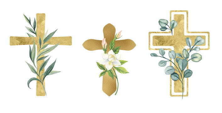 Set of golden Christian crosses decorated with watercolor leaves and flowers. Elegant religious symbols of faith and spirituality, perfect for Easter, church design, invitations.