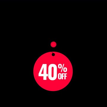 Animated 40 percent off hanging sale tag, red discount sticker on transparent alpha background.