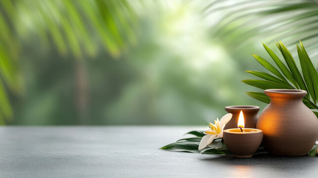 Traditional clay diya glowing beside decorative pots and fresh green leaves, creating a warm, peaceful scene for Ugadi, meditation, prayer, and new beginnings