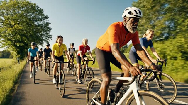 Cyclists riding bicycles on a paved road in a countryside on a sunny day