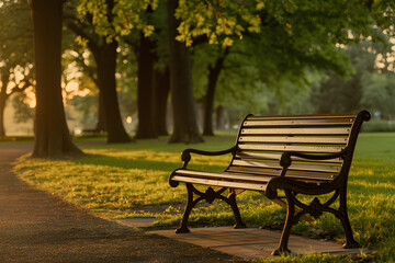 Fototapeta premium Empty park bench bathed in golden hour sunlight tranquil outdoor scene with trees and path perfect for relaxation and nature concept.