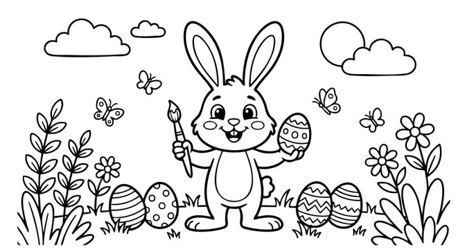 a4 colouring page bunny painting an easter egg. ready to print on standard A4 paper.