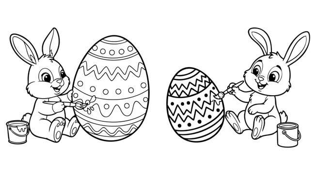 Black and white Easter coloring page with a cute baby bunny painting Easter eggs while sitting at a table. Perfect for kids coloring books, Easter activities, spring crafts and printable designs.