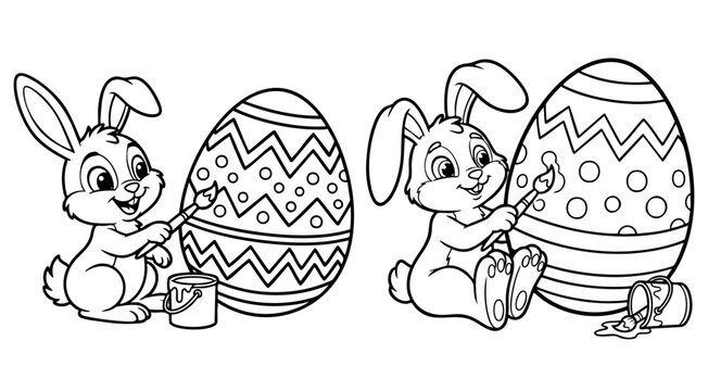 A coloring page of a rabbit painting an Easter egg.