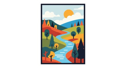 Obraz premium Colorful landscape illustration of river trees and sun