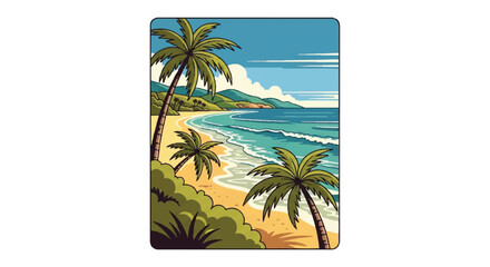 Obraz premium Coastal scene palm trees beach sunlight ocean horizon vector illustration