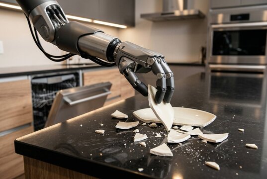A humanoid service robot in a modern kitchen accidentally crushes a ceramic plate while loading a dishwasher, with broken shards scattered on a glossy stone countertop under warm indoor lighting