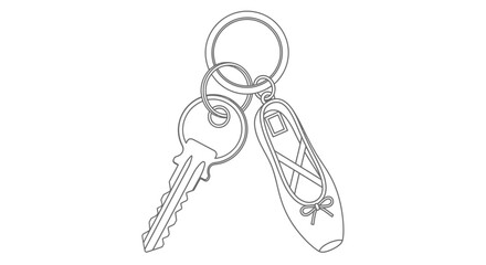 Elegant line art illustration depicting a keyring with a house key and a graceful ballet slipper charm, symbolizing a blend of daily life and a passion for dance © John