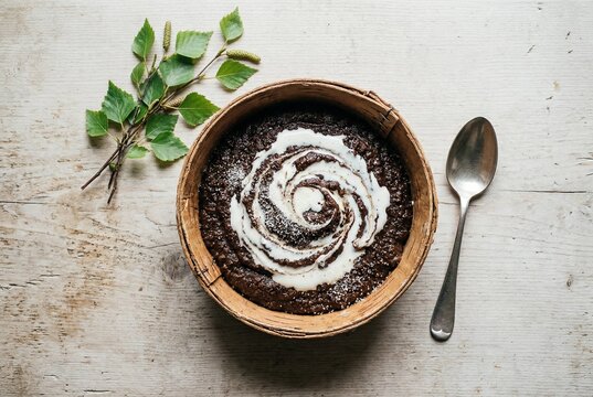 A high-end editorial food photo featuring traditional rye malt pudding served in a natural birch-bark bowl with cream and sugar, styled with fresh birch twigs on a pale wooden table under cool