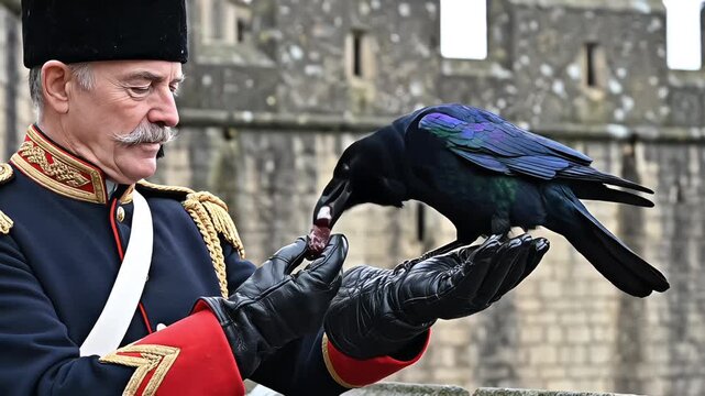 Yeoman Warder Ravenmaster feeding a black raven with raw meat at the Tower of London