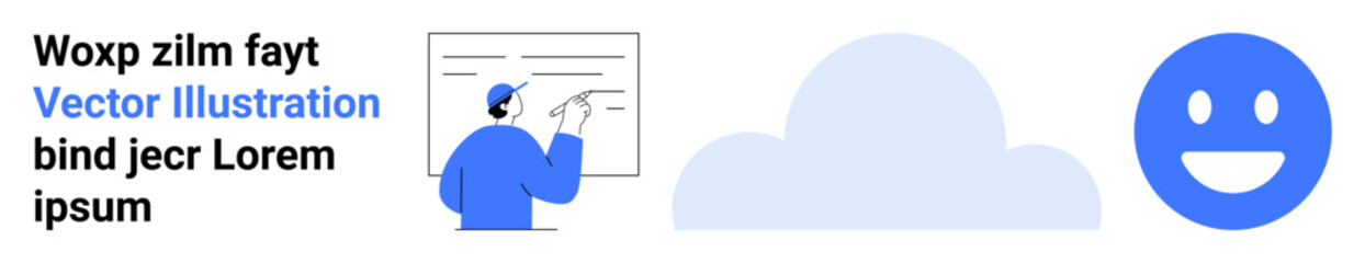 Fototapeta premium Online education, cloud storage, visual communication, modern technology, teaching, digital tools. Person pointing to board, cloud icon and happy face. Online education and cloud storage idea