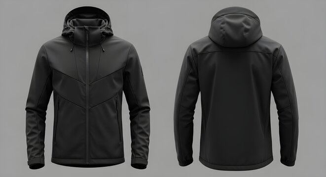 Black softshell jacket mockup front and back view isolated background