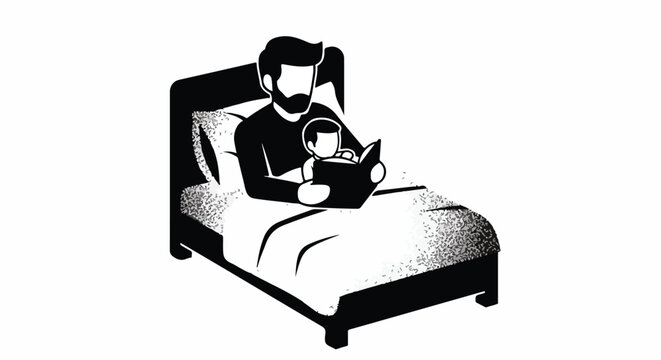 Caring father reads a book to his child in bed, illustrating a tender bedtime story moment, family bonding, and parental love in monochrome.