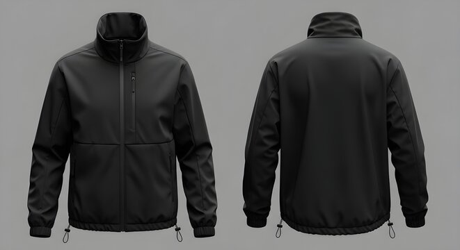 Black softshell jacket mockup front and back view isolated background