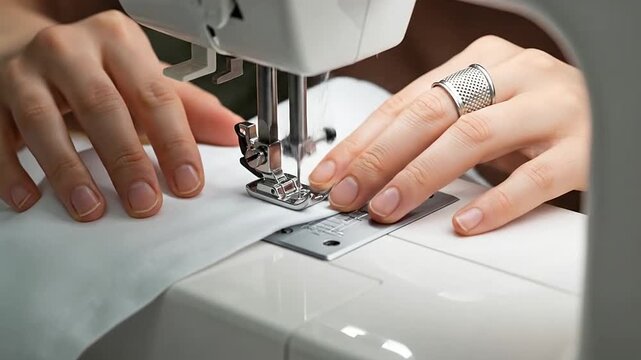 Hands guiding fabric beneath sewing machine needle operation.