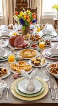 Easter feast on a beautifully decorated dining table, with colorful flowers and delicious food 