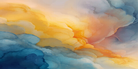 Fluffy white cumulus clouds drift across a bright blue sky as the sun shines through the airy atmosphere of this light and heavenly nature landscape view from high above the cloudscape © ITS OK