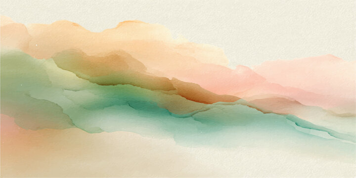 Abstract watercolor background featuring tropical clouds over a blue summer ocean and sandy beach horizon in a serene nature paradise seascape