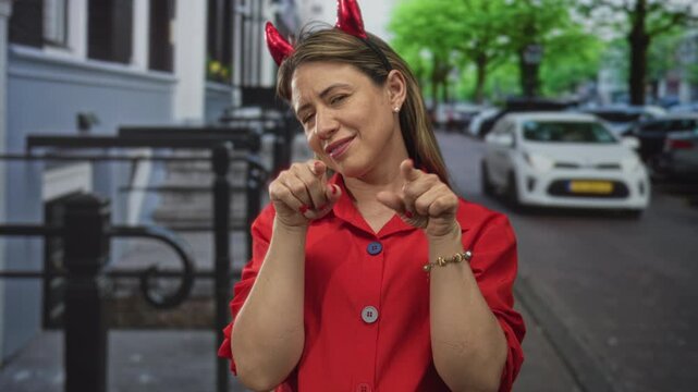 Woman in red jacket and devil horns headband makes heart gesture with hands and blows kiss on street; affection.
