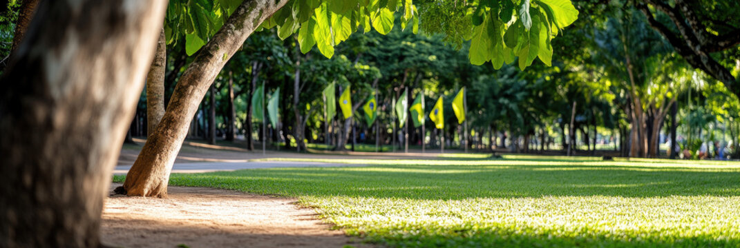 Brazilian green and yellow flags flying in a sunny public park, commemorating national independence and Tiradentes Day, symbolizing patriotism and national pride