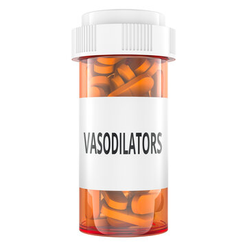 VASODILATORS drugs pill bottle, orange prescription container. 3D rendering