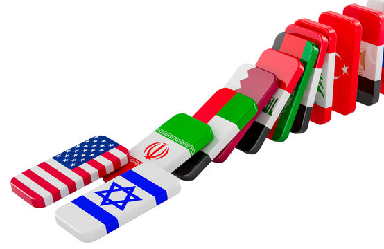 Domino effect of Middle East escalation with country flags. 3D rendering