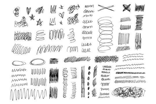 Hand-drawn pen scribbles and doodles create chaotic texture with tangled circles, random squiggles, messy sketch lines, and expressive marker strokes on white background.