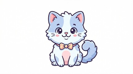 Obraz premium Adorable cartoon illustration of a fluffy white and blue kitten wearing a cheerful little pink bow tie