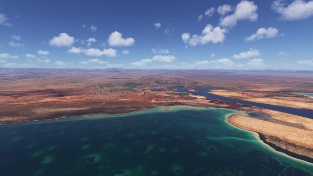 Side aerial drone view of Suakin Desert City in Africa. Sudan