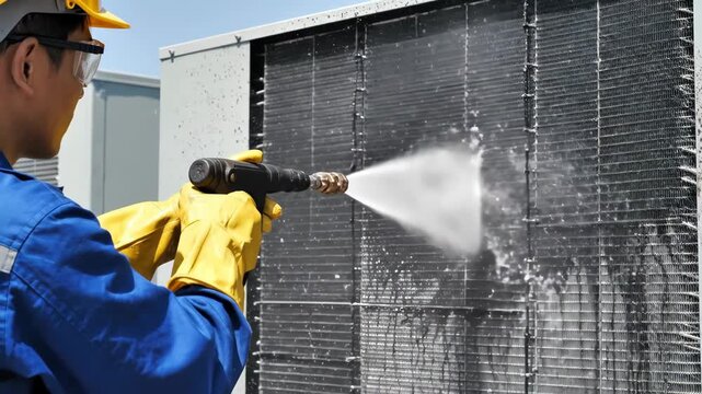 Technician cleaning air conditioner unit with pressure washer. Man maintaining outdoor cooling system. Professional HVAC service and home appliance repair concept.