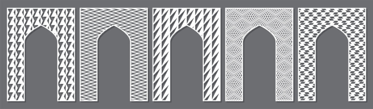 Set of arched decorative panels with abstract geometric patterns. Vector templates for laser cutting and CNC machines. Ideal for wall screens, partitions, wood panels and interior decoration.