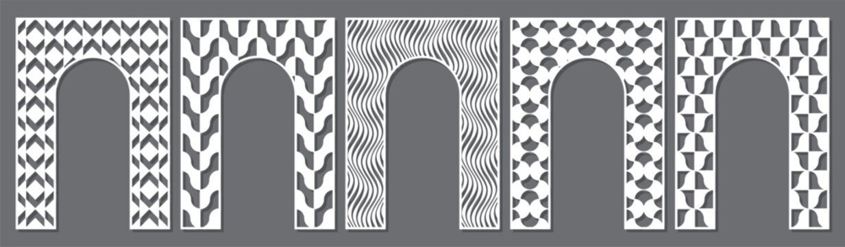 Set of decorative arched panels with geometric patterns for laser cutting. Vector templates for CNC, wood carving, metal cutting, wall decor screens, Islamic style arch panels.