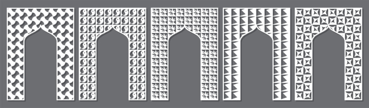 Decorative arched panels with ornamental geometric patterns. Vector templates for laser cutting and CNC machines. Perfect for wood carving, wall panels, screens, partitions and interior decor.