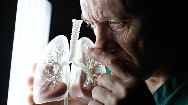 Radiologist closely examining lung model. Male medical professional inspecting anatomical replica for diagnostic study. Healthcare anatomy education and respiratory health concept.
