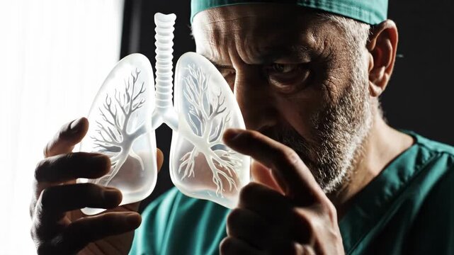Radiologist examining lung model closely. Male doctor in scrubs holding transparent respiratory replica for medical study. Healthcare anatomy and diagnosis visualization.