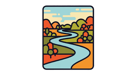 Obraz premium Scenic landscape illustration featuring river and hills in stylized design