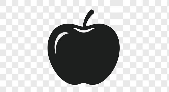 Simple black silhouette of an apple with a stem and a curved highlight on a transparent checkered