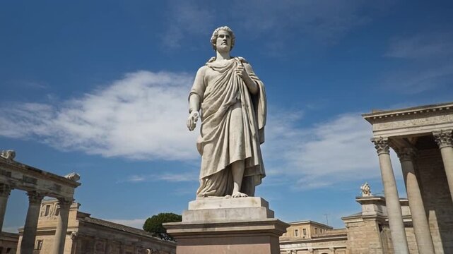 Ancient statue in Roman ruins with columns and blue sky