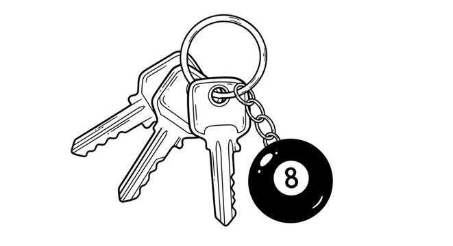 Graphic black and white vector of essential keys on a metal keyring, adorned with an iconic black eight-ball charm, representing access, security, and a playful element of luck or chance